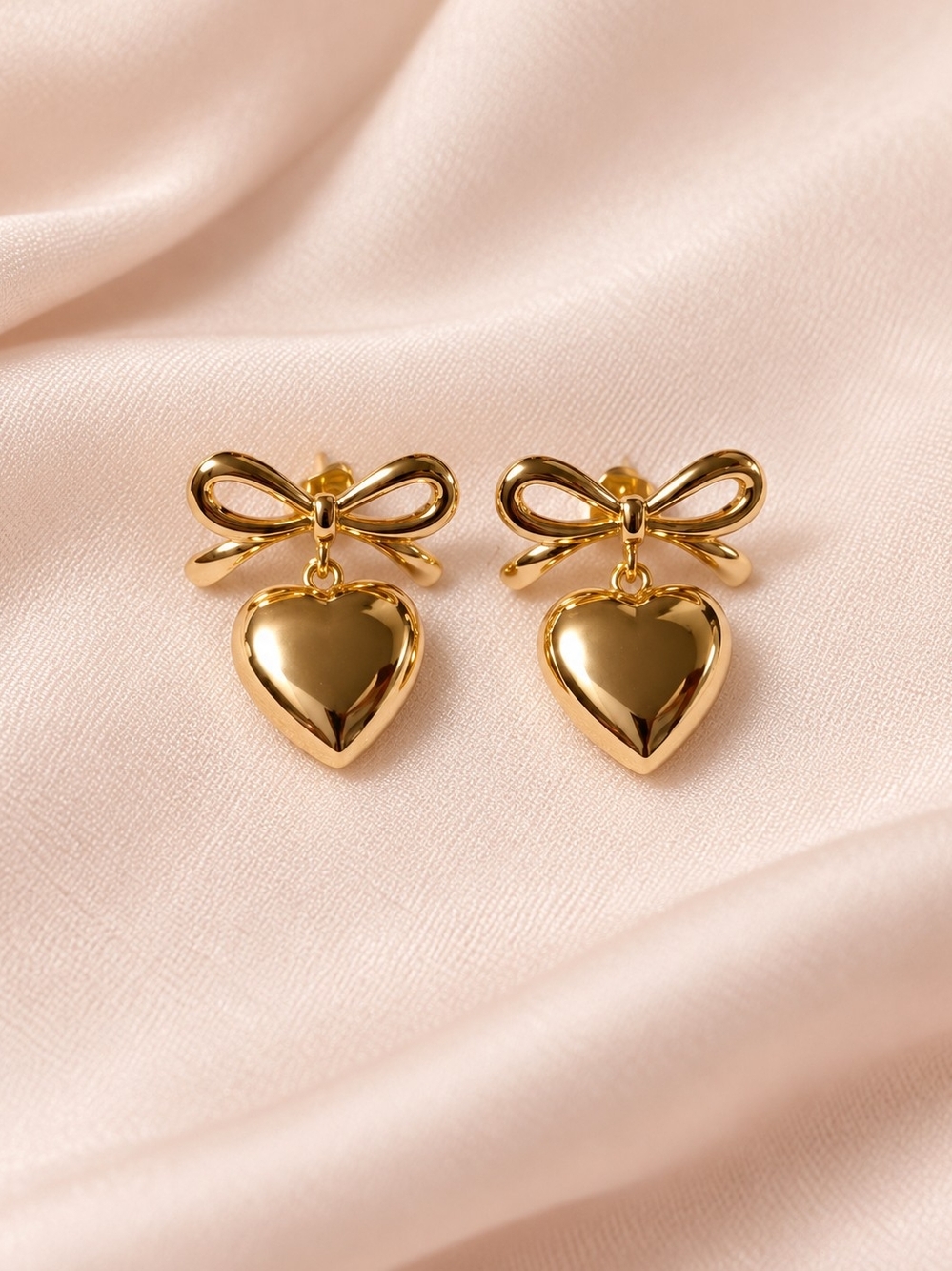 14k. Laminado Gold Heart & Bow Drop Earrings - Women Jewelry